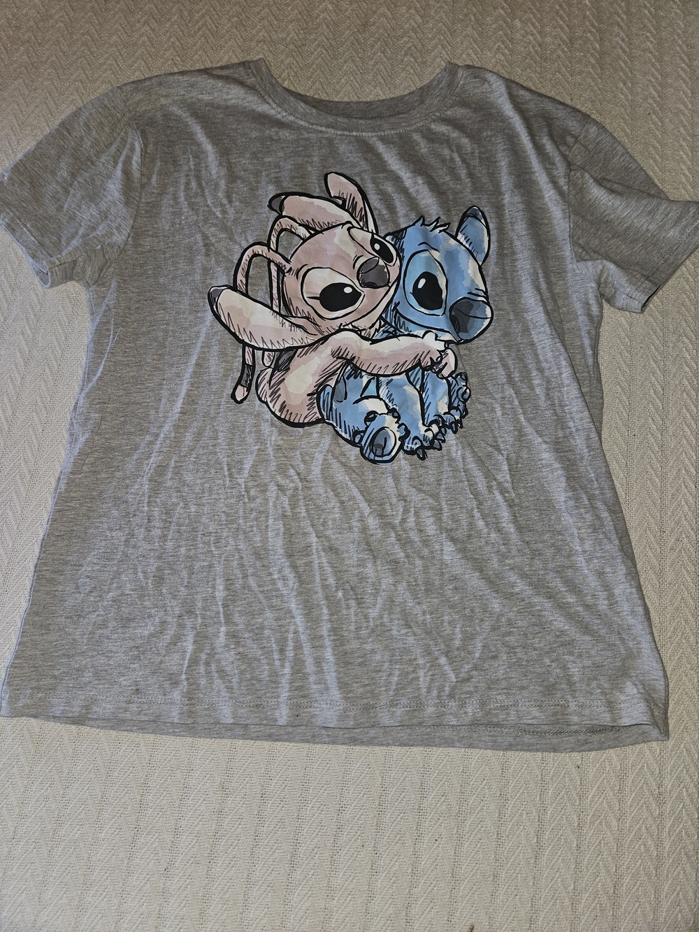 Disney Gray Tee with Pink Angel & Blue Stitch Hug Graphic